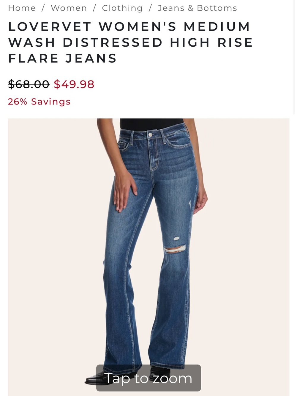 LOVERVET WOMEN'S MEDIUM WASH DISTRESSED HIGH RISE FLARE JEANS